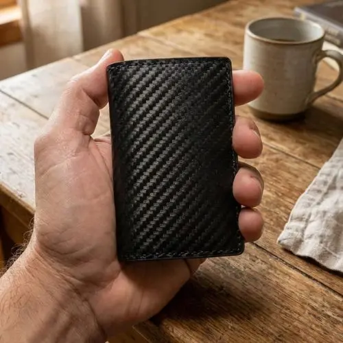 Detalhe do acabamento textura fibra de carbono da carteira